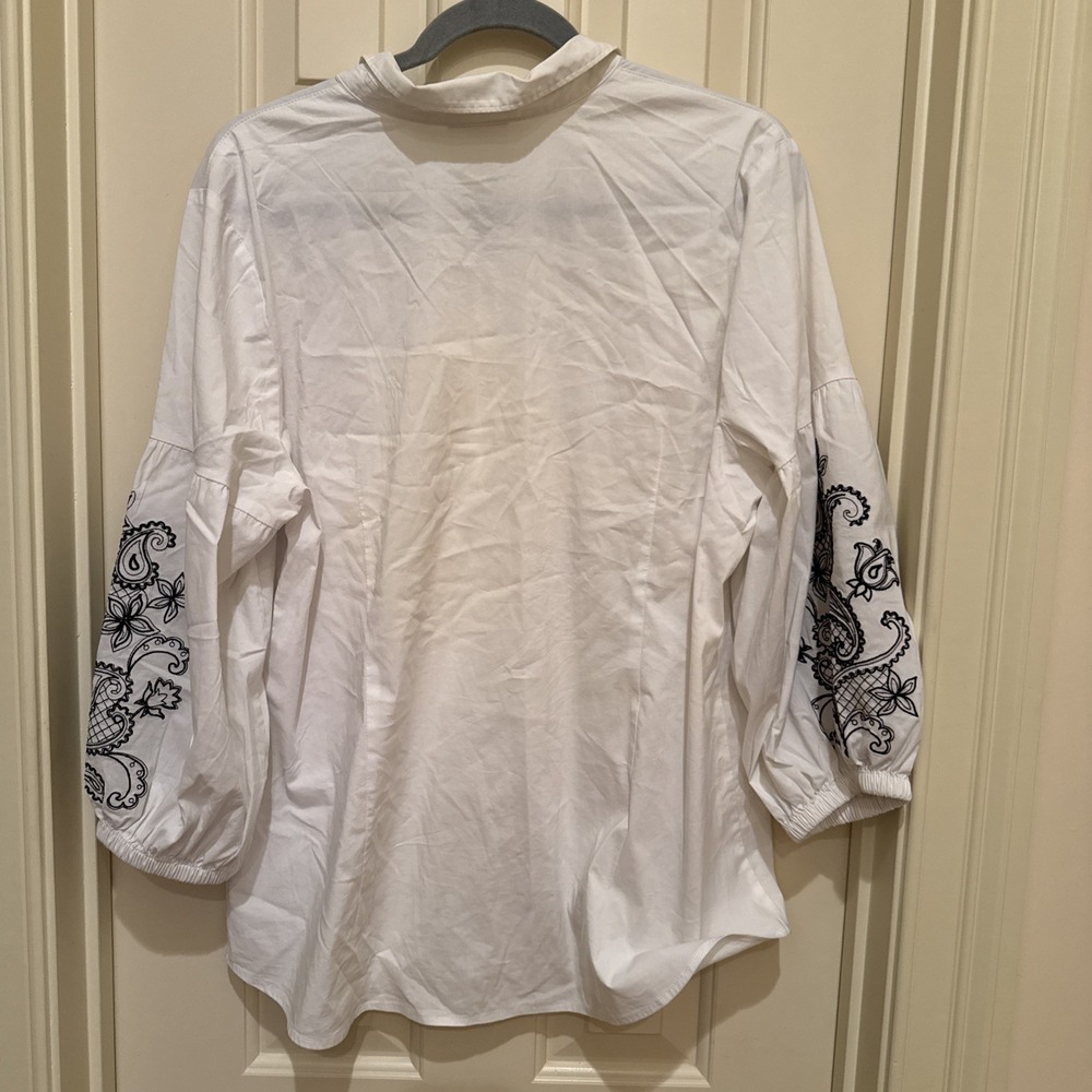 J. Jill Button Down Shirt Womens L White Black Paisley Embroidered Puff Sleeve - Picture 8 of 9